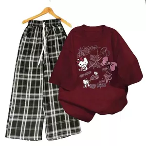 Bộ quần ống rộng caro đen to+ và áo phông nam nữ chất vải cotton su popop -quanaao94