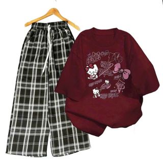 Bộ quần ống rộng caro đen to+ và áo phông nam nữ chất vải cotton su popop -thuba94