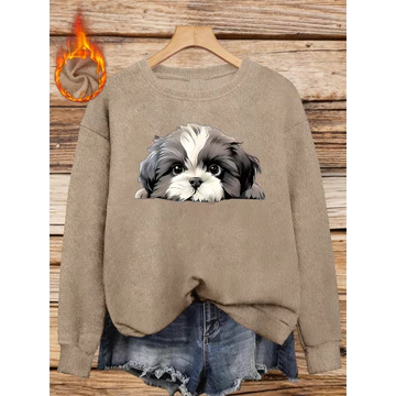 Áo len giả cổ tròn in họa tiết đầu dò chó Shih Tzu màu trắng đen, Áo len nữ mùa thu đông, Áo len nữ thần bán chạy phong cách mới, Trang phục thời trang thông thường phong cách mới dành cho nữ, Áo len 