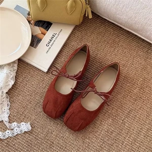 Giày Mary Jane buộc dây, đế ba lê da lộn dành cho nữ, giày đế mềm nông thoải mái thông thường