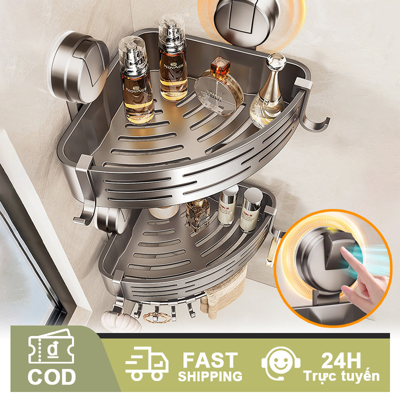 Kệ Góc Để Đồ Nhà Tắm Hút Chân Không Không Khoan Đục, Hút Siêu Chắc, Kèm Móc Treo Đồ Tiện Dụng
