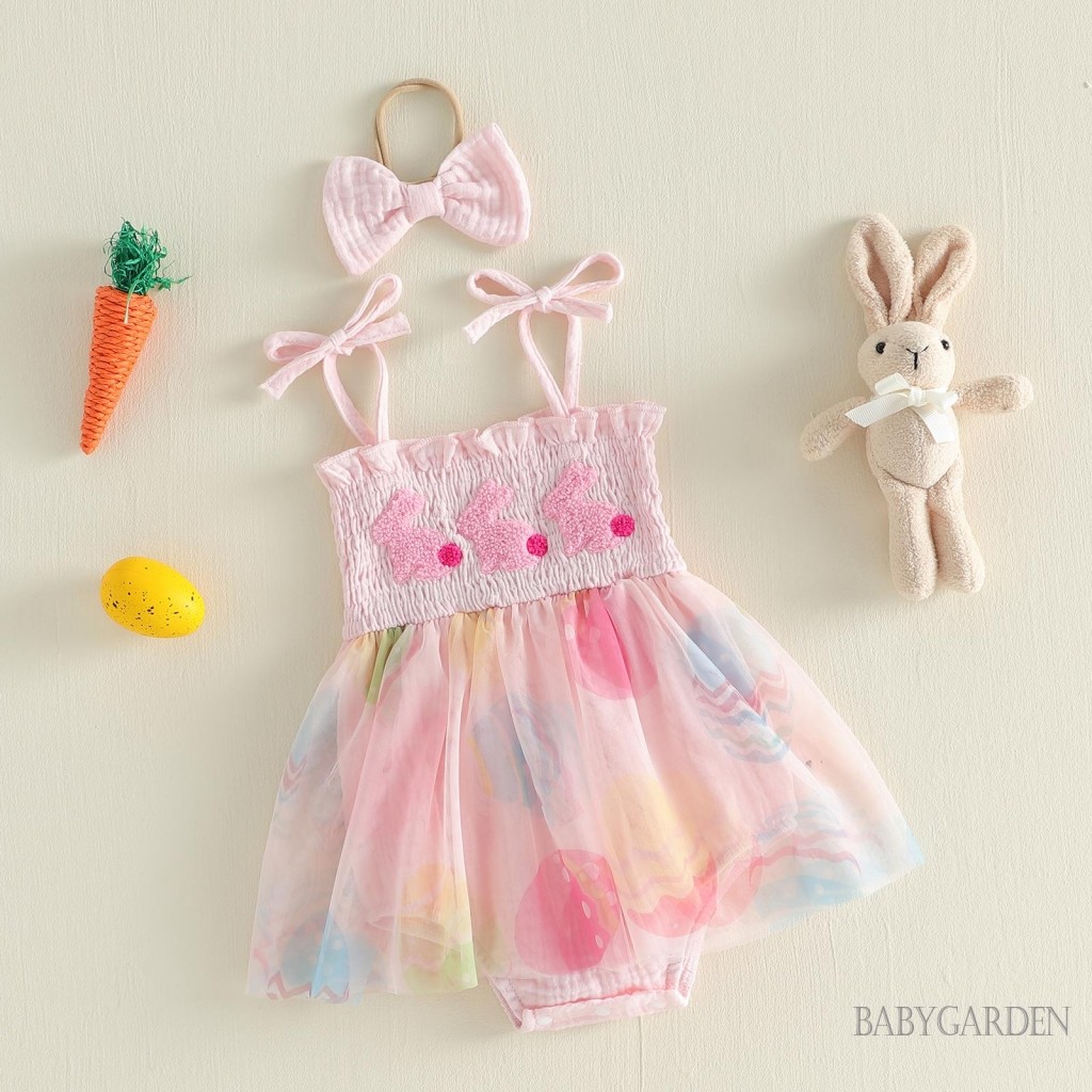 Bộ áo liền quần vải tuyn màu hồng cho bé gái Easter Bunny có băng đô nơ | Trang phục chụp ảnh