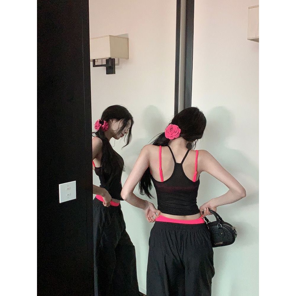 Milyfashion Hai Mảnh In Hình Gợi Cảm Sling Lớp Chặt Không Đều Áo Ngắn