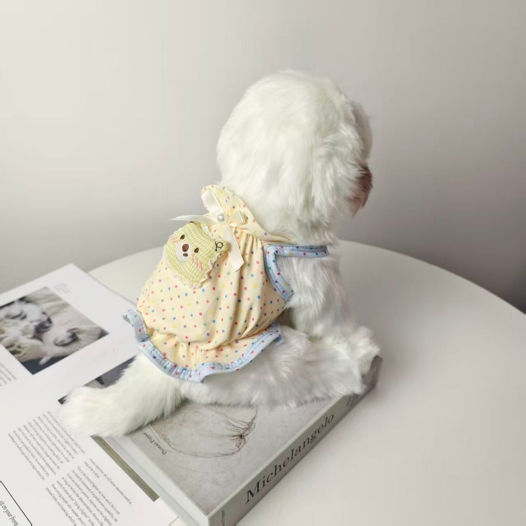 Thú Cưng Màu Vàng Chấm Bi Ren Sling Dress Teddy Bichon Schnauzer Quần Áo Cho Chó Nhỏ