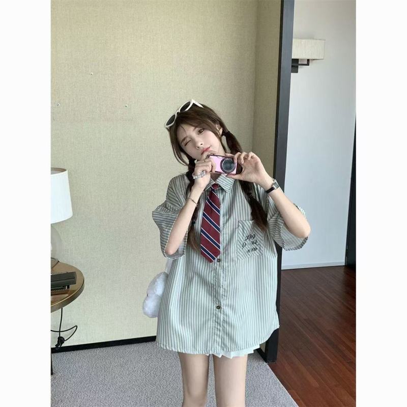 Mỹ Retro Preppy Áo Sơ Mi Nữ Màu Sọc Tương Phản, Mỏng Nhẹ, Phù Hợp Thời Trang Mùa Hè