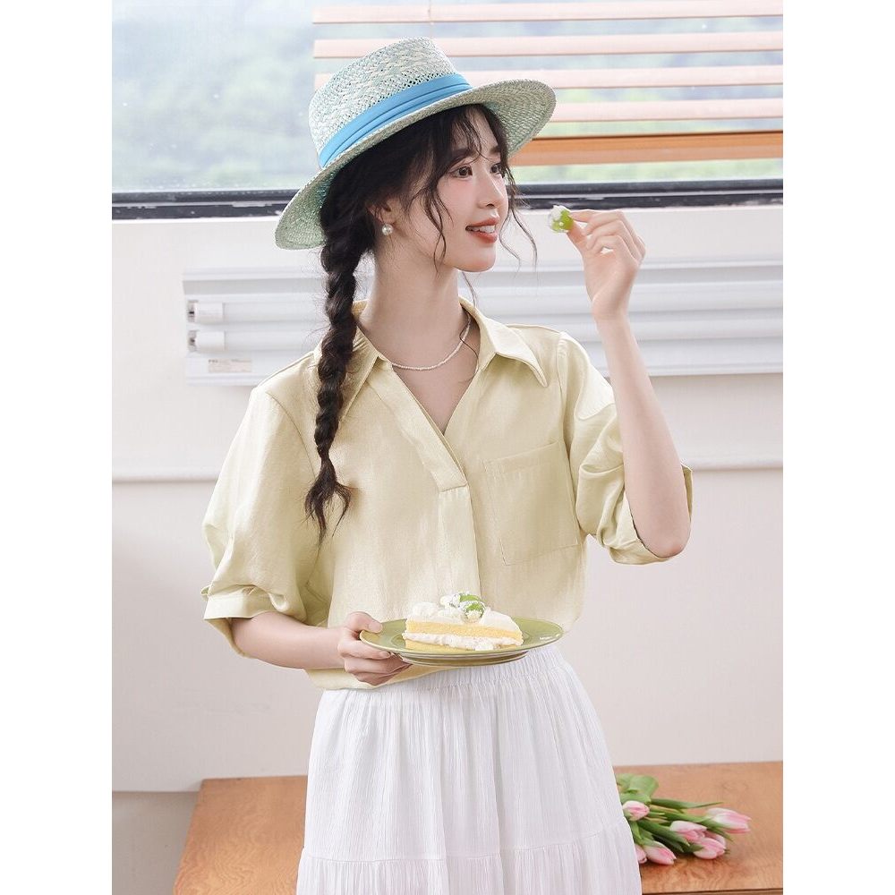 MUTU | Áo sơ mi ngắn tay nữ thiết kế hiện đại, phù hợp mùa hè với chi tiết nút độc đáo phiên bản Hàn Quốc