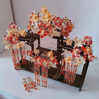 Cao Cấp Vương Miện Phượng Hoàng Glaze Hoa Đỏ - Phụ Kiện Tóc Cưới Retro