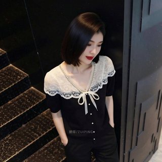 Áo Len Cổ Chữ V Tay Ngắn Nữ Nơ Ren Khâu Đen Mùa Hè Mỏng Áo Chui Đầu