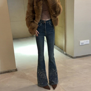 Quần jeans ống loe đính đá sao nữ Cạp cao Tôn dáng 2026 Mùa xuân Cổ điển