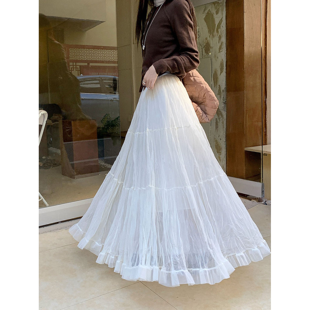 SUXI Váy Midi nữ mới mùa xuân Váy xếp nếp chữ A có chiều rộng cao giản dị 260312