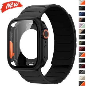 Dây đeo silicon từ tính + vỏ bọc toàn bộ tương thích cho Apple Watch Series11 / 10 42mm 46mm 9 8 7 6 SE 40mm 41mm 44mm 45mm
