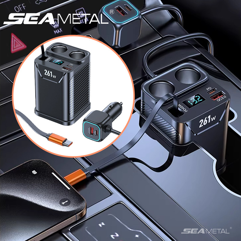 SEAMETAL 7 trong 1 261W Bộ sạc xe hơi PD Ổ cắm USB Bộ chia đèn thuốc lá Sạc nhanh với Vôn kế LED Ổ cắm DC 24V / 12V