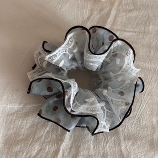 Kovoi Scrunchy Tóc Cao Cấp Màu Xanh Cà Phê Chấm Bi - Voan Sợi Sang Trọng