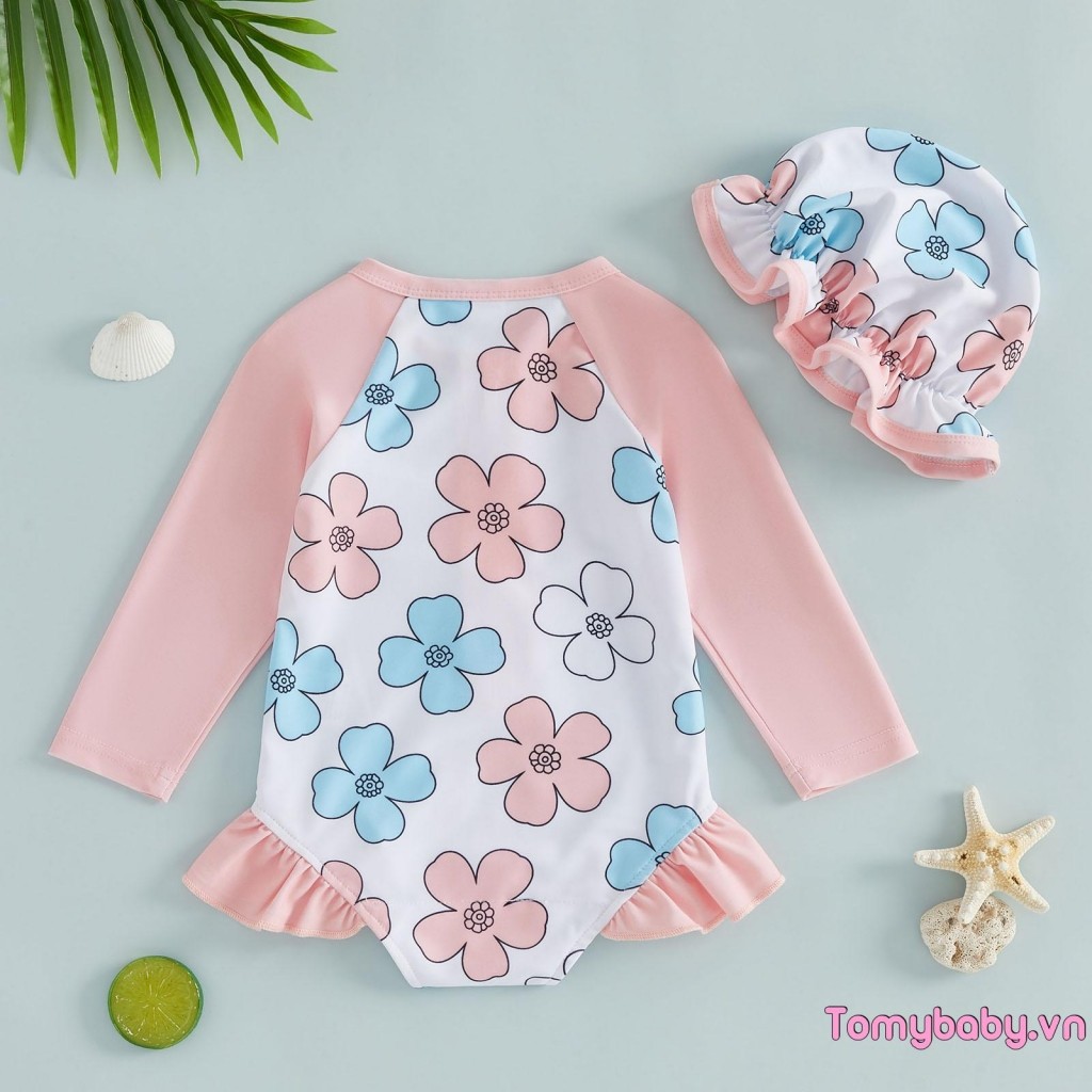 Bộ đồ bơi bé gái tập đi Hoa nửa khóa kéo dài tay Rash Guard Bộ đồ tắm có mũ chống nắng