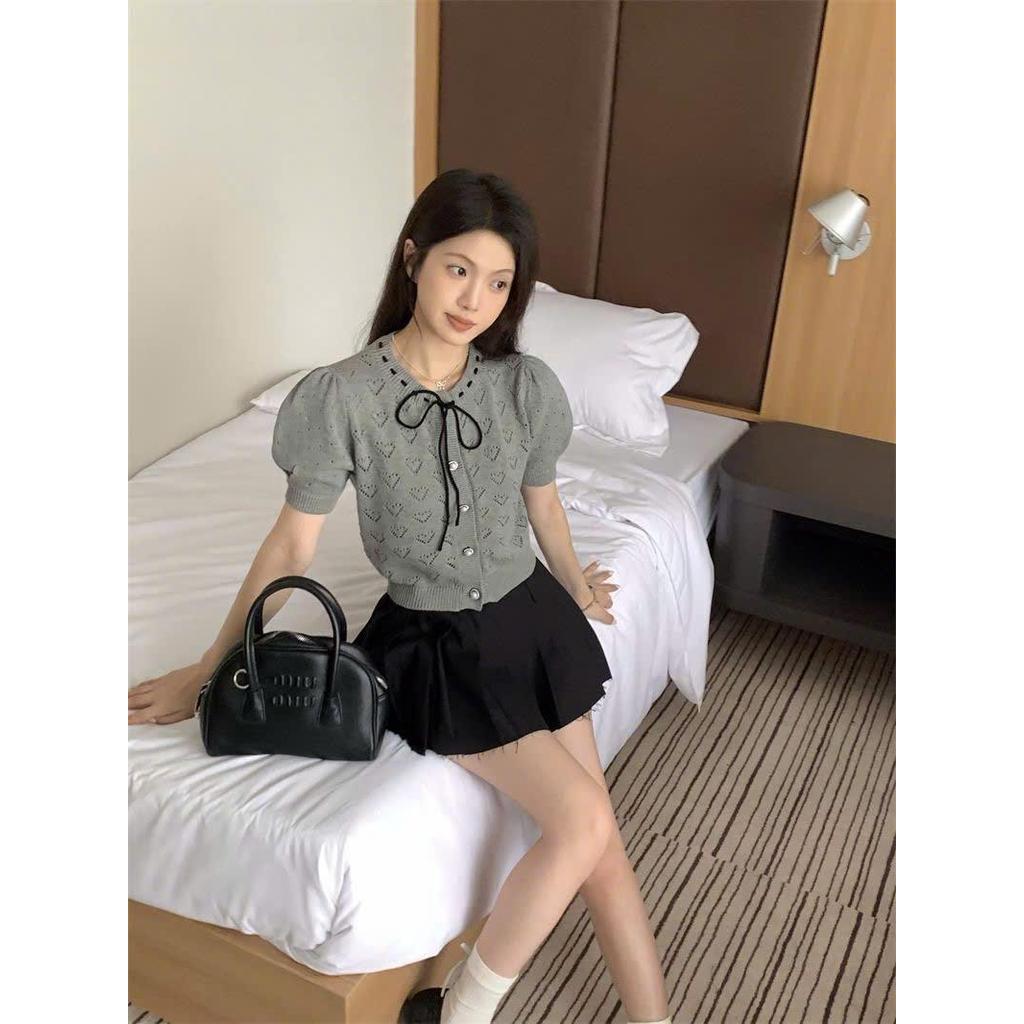 (Hàng QCCC) Áo cardigan len cộc tay dáng ngắn thiết kế phối dây buộc nơ phong cách tiểu thư hottrend MIHN SP450