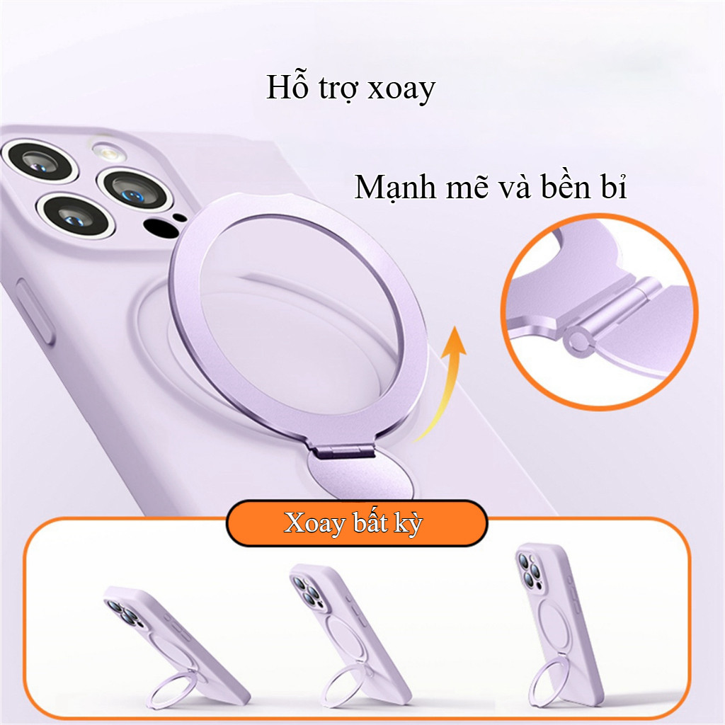 Ốp Lưng Silicone Giá đỡ Kim Loại Xoay 360° Dành Cho IPhone 17 16 15 14 13 Pro Max Chống Sốc Chống Bẩn Kèm Dây đeo