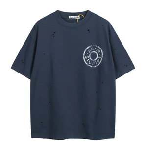 AC Rách Nút Logo Chữ In Kỹ Thuật Số Áo Thun Unisex Nam Tee Hải Quân
