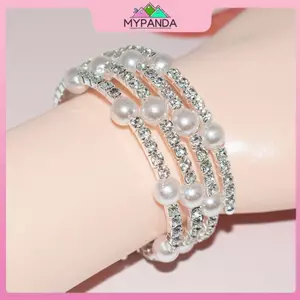 MYPANDA Vòng tay ngọc trai giả pha lê thanh lịch Vòng tay ngọc trai co giãn nhiều lớp Vòng tay ngọc trai dành cho nữ Quà tặng trang sức cô dâu.