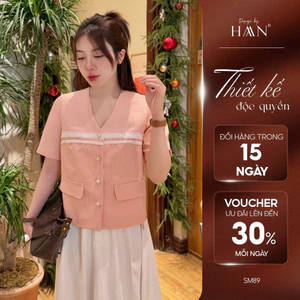 Áo Sơ Mi Nữ Ngắn Tay Cổ Tim Phối Ren Túi Giả Tiểu Thư, Sơ Mi Nữ Công Sở Thiết Kế Nữ Tính - SM90