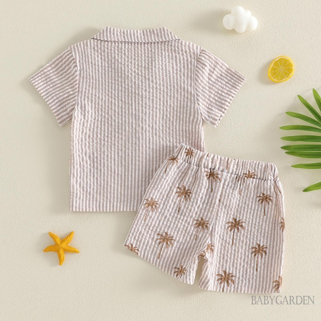 Tập Đi Bé Trai Trang Phục Mùa Hè Dễ Thương Sọc Cây Dừa Thêu Áo Sơ Mi Tay Ngắn Có Quần Short Bộ 2 Chiếc
