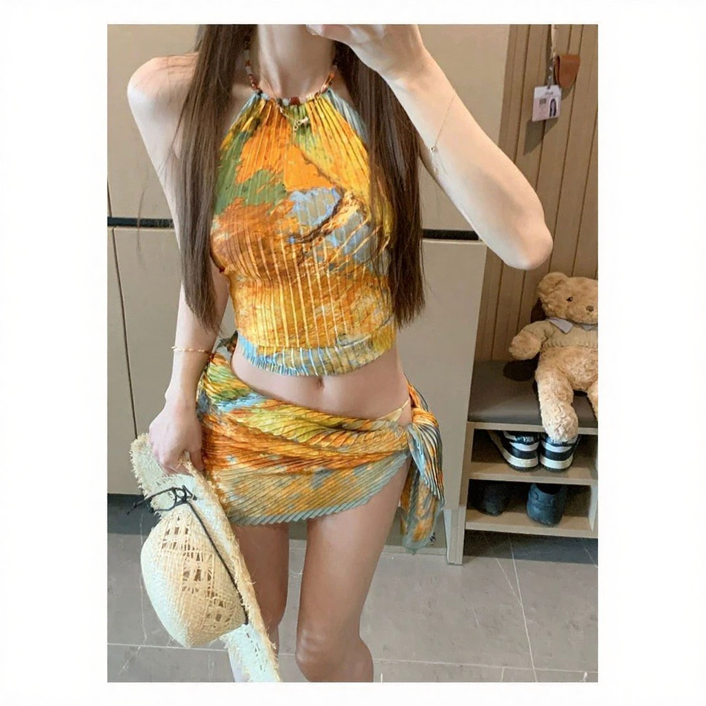 Bộ bikini ba mảnh xếp ly sọc cho mùa xuân nóng