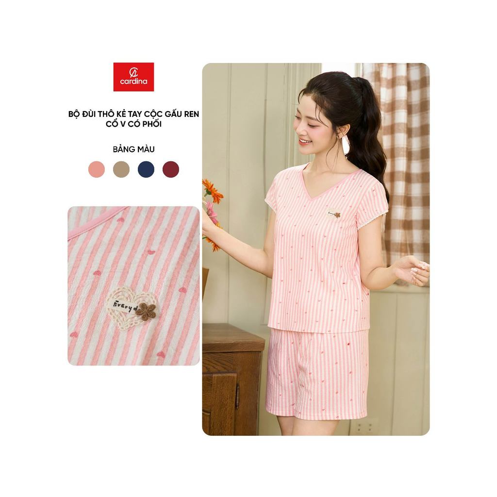 Bộ đồ nữ CARDINA chất liệu thô kẻ tay côc gấu ren và quần đùi cạp chun 6BDN01