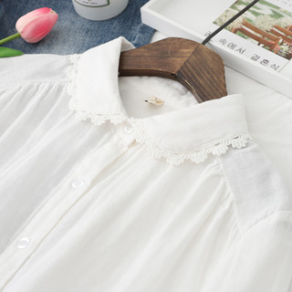 Sẵn sàng - Áo sơ mi nữ 100% cotton cổ búp bê viền ren, phong cách mới cho mùa thu, thiết kế đơn giản với tone màu trơn.