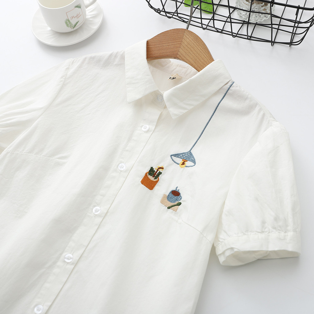 [Áo Sơ Mi Nữ Mùa Hè] Cotton cao cấp, thiết kế thêu trắng tinh tế