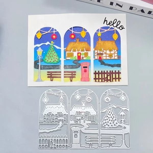 Giáng Sinh Street View Window Shadow Kim Loại Carbon Cắt Thép Khuôn Thêu Sò Dập Nổi Khắc Bản Mẫu DIY Album Ảnh Thiệp Chúc Mừng Cắt Chết Giấy Thủ Công Dụng Cụ