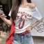 Áo đeo vai JUIC, In chữ Y2k tay ngắn, Cổ áo Crop top cổ xiên thời trang