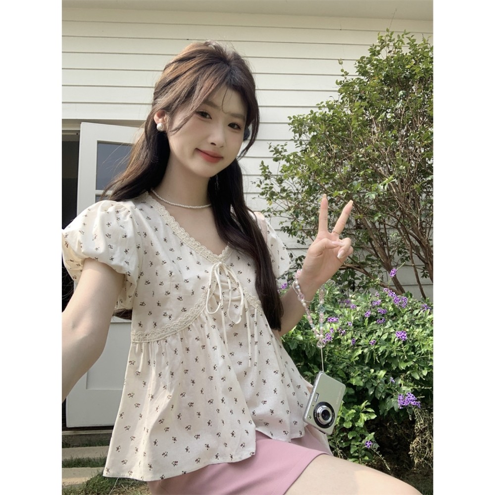 áo babydoll Cổ búp bê tay phồng cổ chữ V ren cổ điển