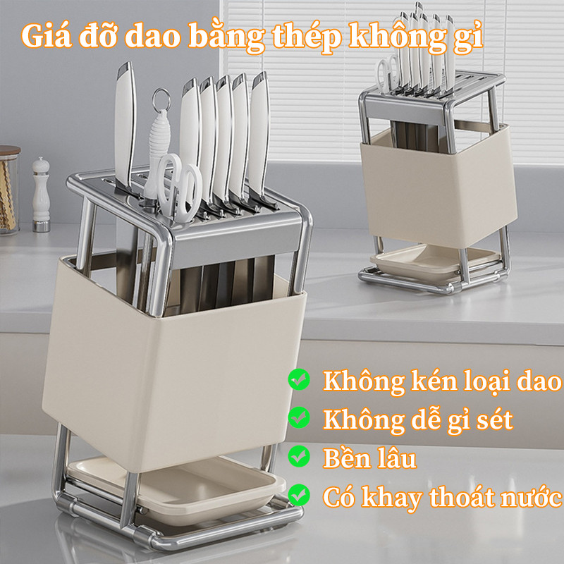 Giá Để Dao Kệ Bếp Thép Cacbon - Kèm Khay Hứng Nước, Thiết Kế Nhỏ Gọn, Tiết Kiệm Không Gian