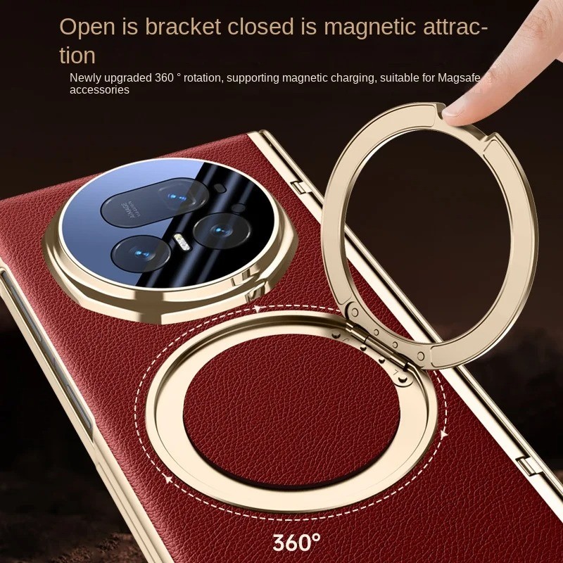 Dành Cho Huawei Honor Magic V5 Ốp điện thoại Da PU Sang Trọng Nhẫn Đứng Sạc Không Dây Từ Tính Bảo Vệ Mặt Sau Cho Magic V5 Vỏ
