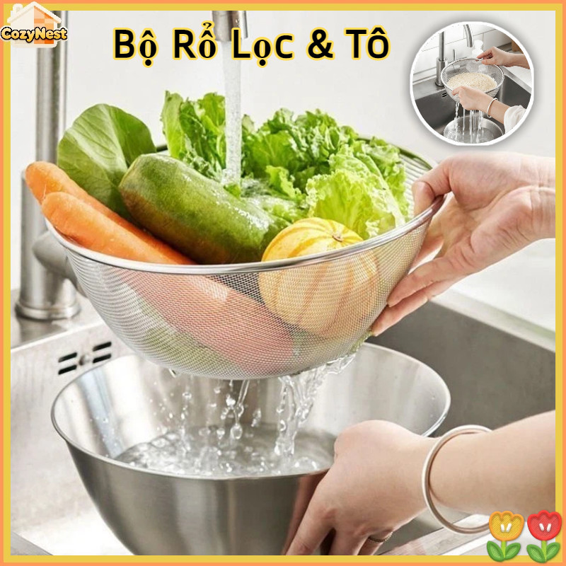 Bộ Rổ Lọc & Tô Inox 304 - Vo Gạo, Rửa Rau Củ Tiện Lợi, Chất Liệu Bền Đẹp An Toàn,Nhiều Kích Thước