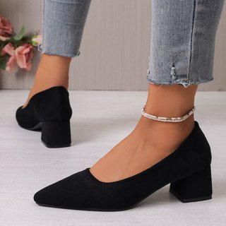 Giày Cao Gót Nữ Mũi Nhọn Dày Gót Slip-On Nông Miệng 35-42