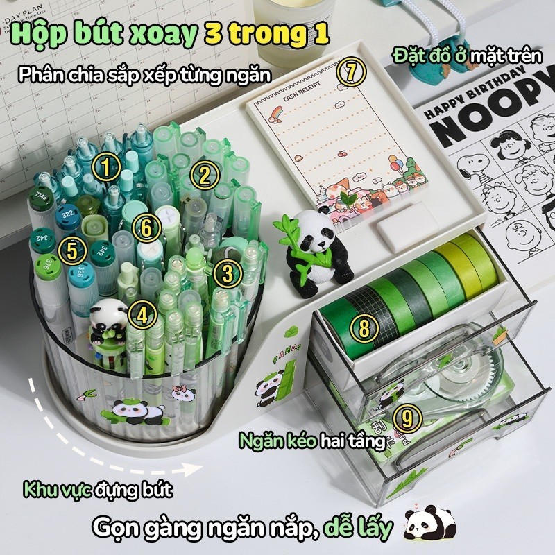 Hộp đựng bút để bàn học sinh xoay 360 tiện dụng, tặng sticker gấu trúc trang trí - Kệ đựng mỹ phẩm nhiều ngăn tiện lợi