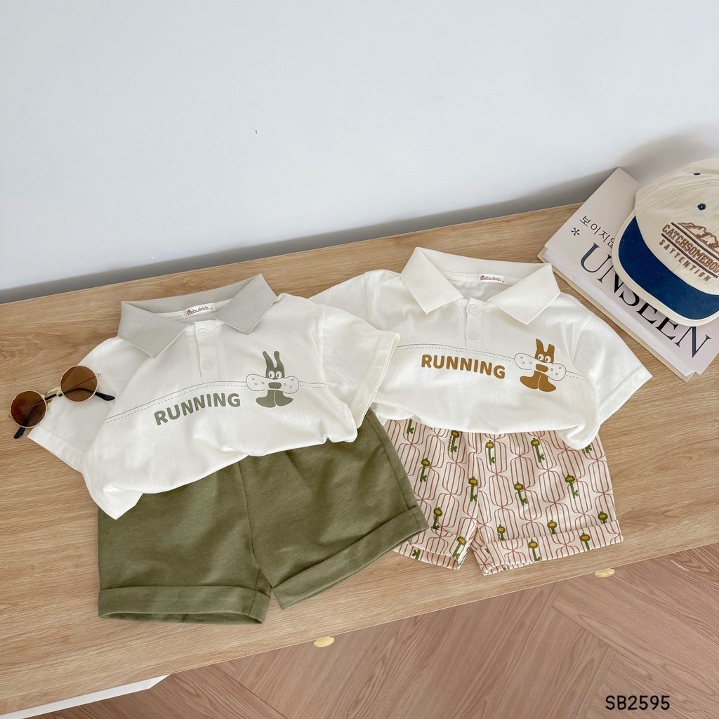 Set polo cộc tay Running Bebukids chất liệu cotton phối quần da cá cho bé trai 8-21kg