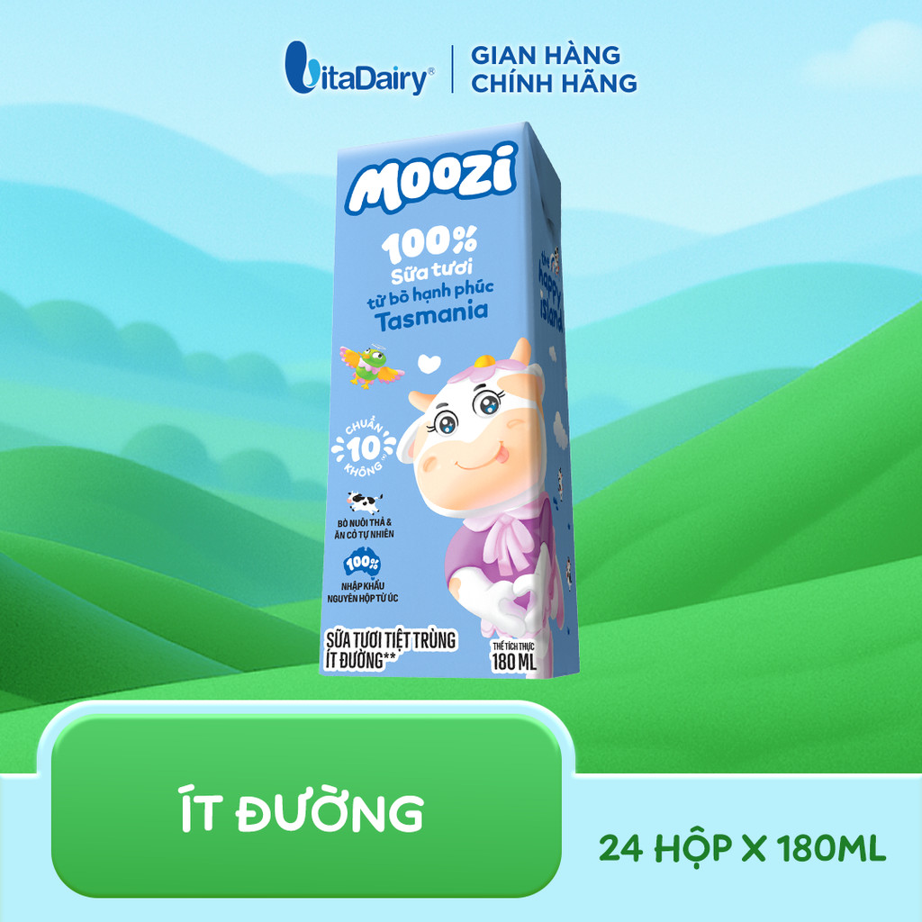 [THÙNG 24 HỘP] Sữa tươi tiệt trùng Moozi ít đường/có đường 180ml - Thơm ngon dễ uống, Bé thích mê