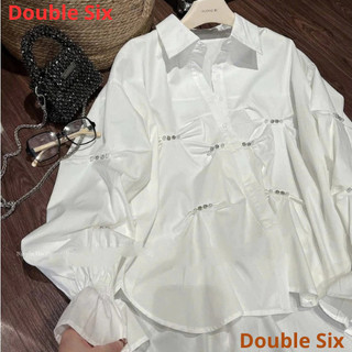 Áo Sơ Mi Chiết Eo Đính Đá ,Double - Six. Áo Trắng Nữ Phong Cách Tiểu Thư.