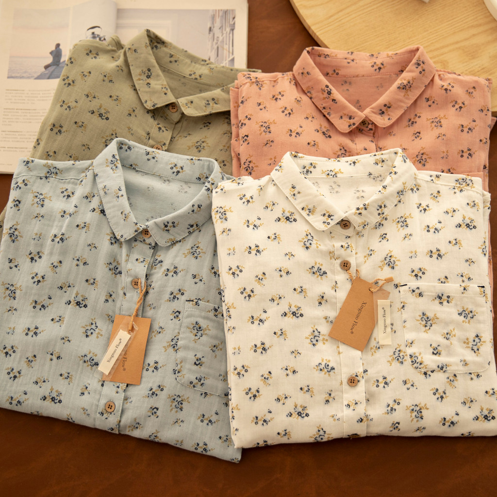 [Có sẵn] Áo sơ mi nữ từ sợi cotton 100%, thiết kế họa tiết hoa, form rộng thoải mái