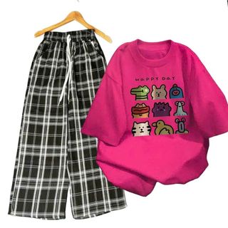 Bộ quần ống rộng caro đen to+ và áo phông nam nữ chất vải cotton su popop -thuba94