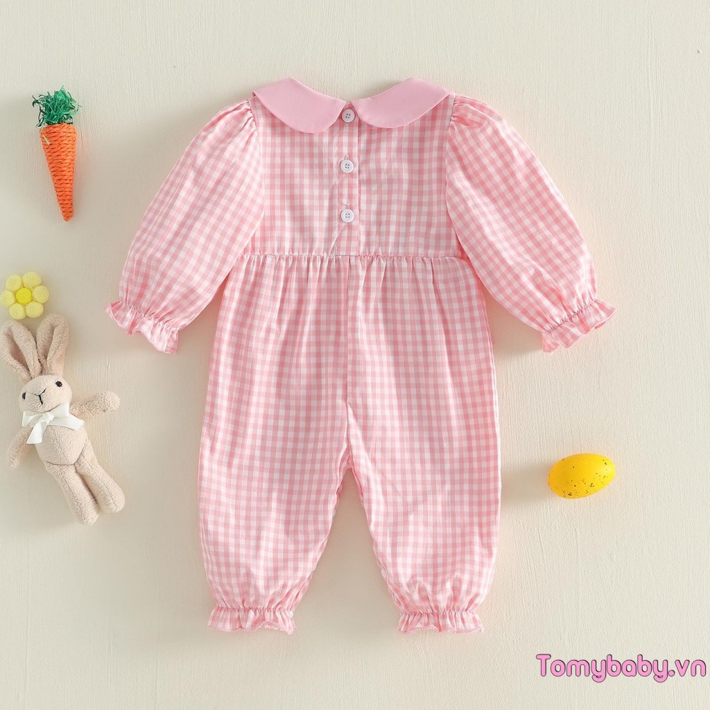 Bé Gái Phục Sinh Rompers Cổ Búp Bê Puff Dài Tay Thỏ Thêu Hoa Kẻ Sọc In Áo liền quần