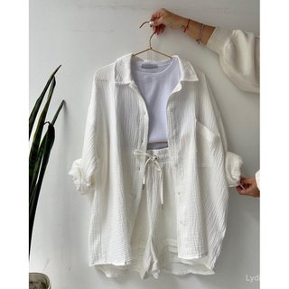 [Giảm giá 10% toàn bộ cửa hàng] Giảm giá trong thời gian có hạn Grab 26 Phong cách mới Thời trang Plus Size Nữ Bộ đồ hai mảnh Vải nhăn Ve áo sơ mi dài tay Quần short dây rút eo cao Plus Size Thời trang