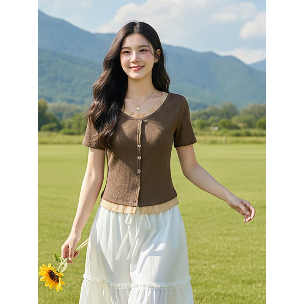 Áo thun nữ CARDINA chất tăm cotton cộc tay phối cổ tròn 6AFC01