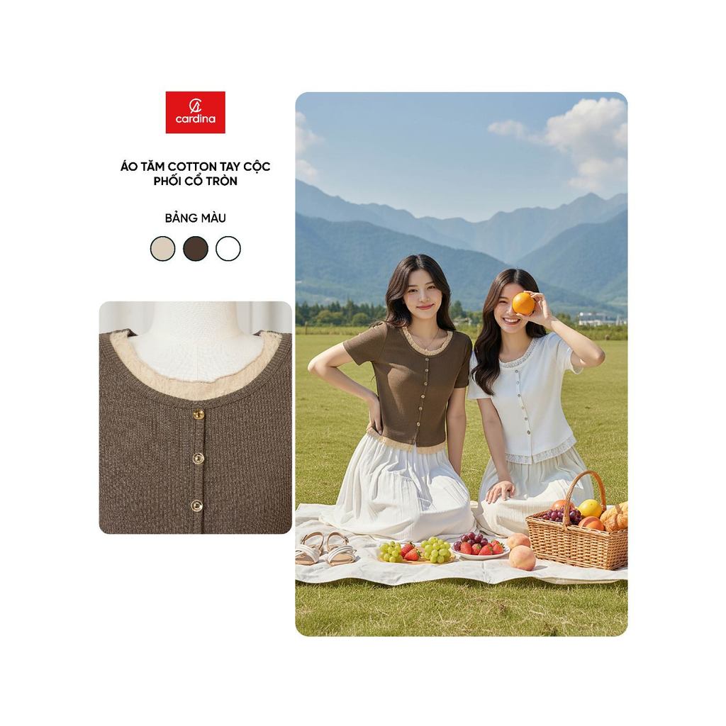 Áo thun nữ CARDINA chất tăm cotton cộc tay phối cổ tròn 6AFC01