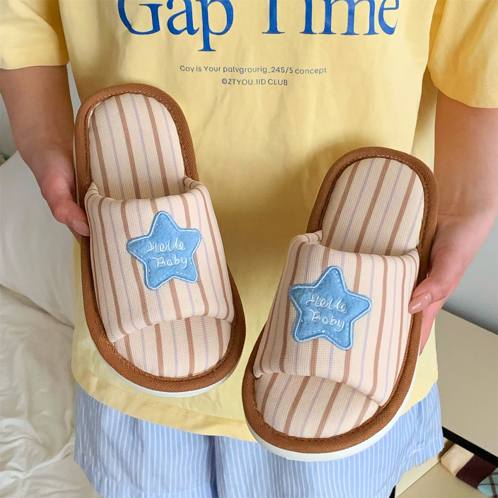 XIXITIAO Dép Vải Lanh Cotton Nhà Phong Cách Mới Phòng Ngủ Họa Tiết Dọc Nữ Xuân Hè Thoải Mái