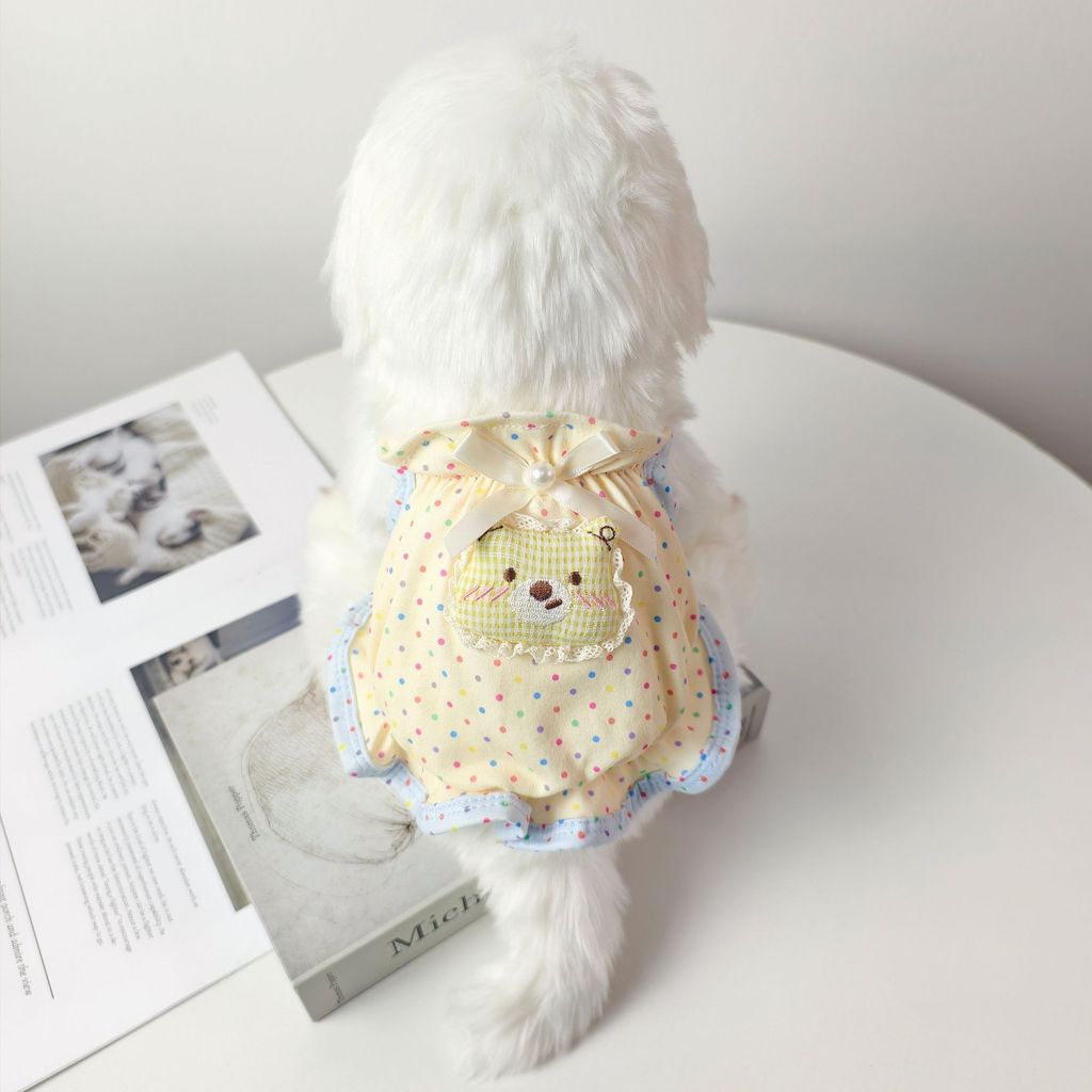 Thú Cưng Màu Vàng Chấm Bi Ren Sling Dress Teddy Bichon Schnauzer Quần Áo Cho Chó Nhỏ