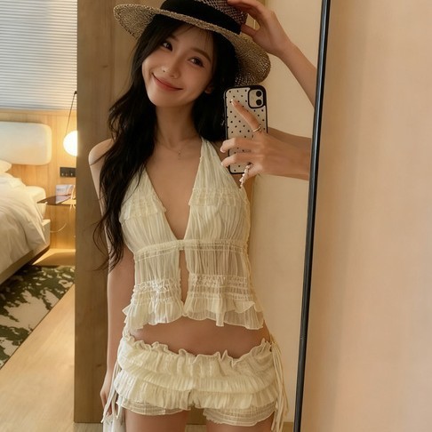 Cổ tích đồ bơi ba mảnh bikini nữ, màu trắng, phù hợp cho mùa xuân và kỳ nghỉ