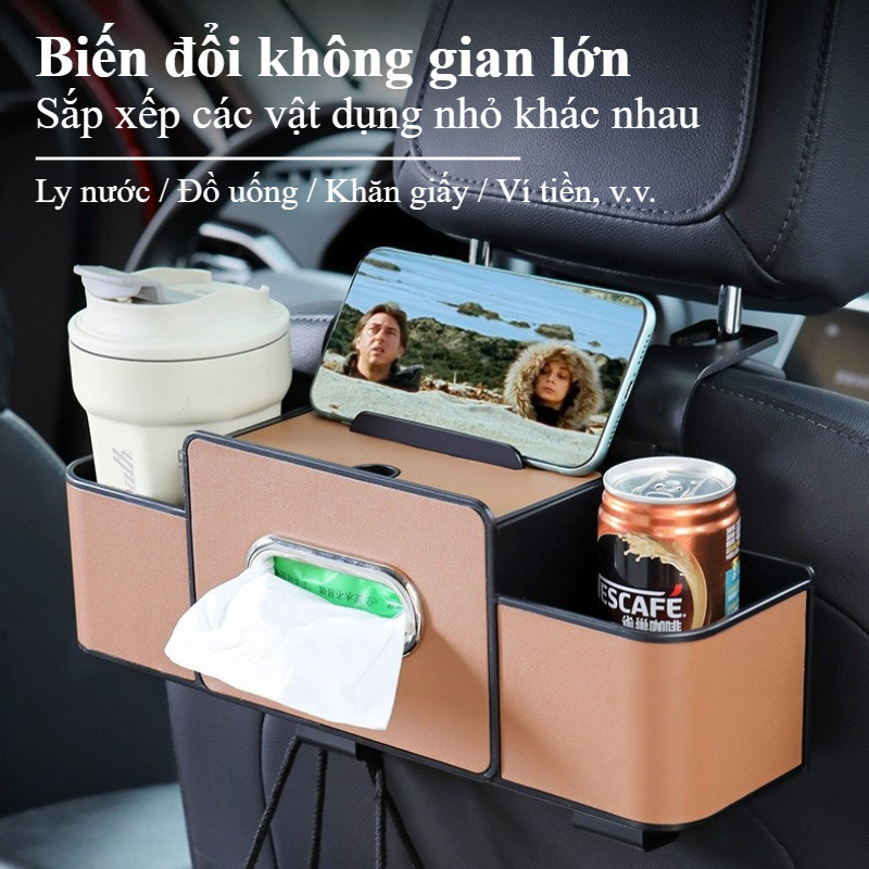 Hộp đựng đồ Ghế Sau (xe ô Tô) đa Năng Giá đỡ điện Thoại đựng Bình Nước Khăn Giấy Da PU Khay để Cốc
