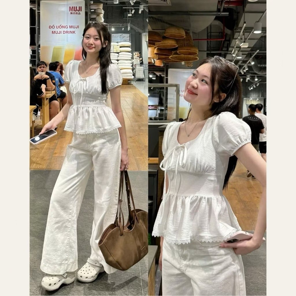 Áo Kiểu Nơ Buộc Bo Eo Tay Bồng Pha Ren MA3117